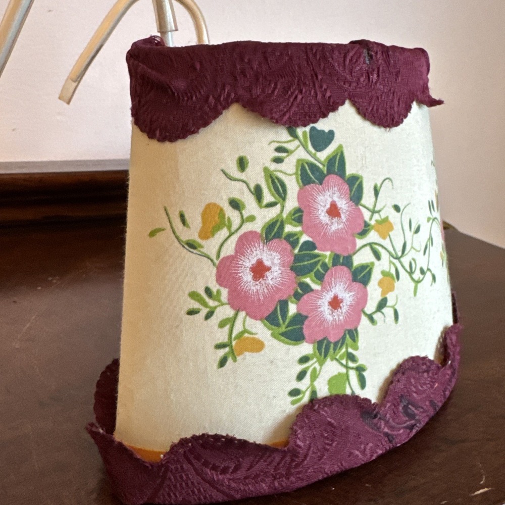 Vtg Reading Lamp For Headboard Cloth Shade Pull Chain Floral Burgundy WORKS!